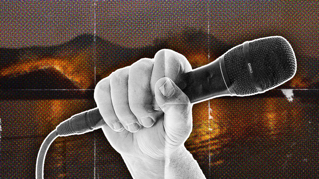An illustration of a white hand holding a black microphone in front a background with a forest on fire surrounded by water in the background.