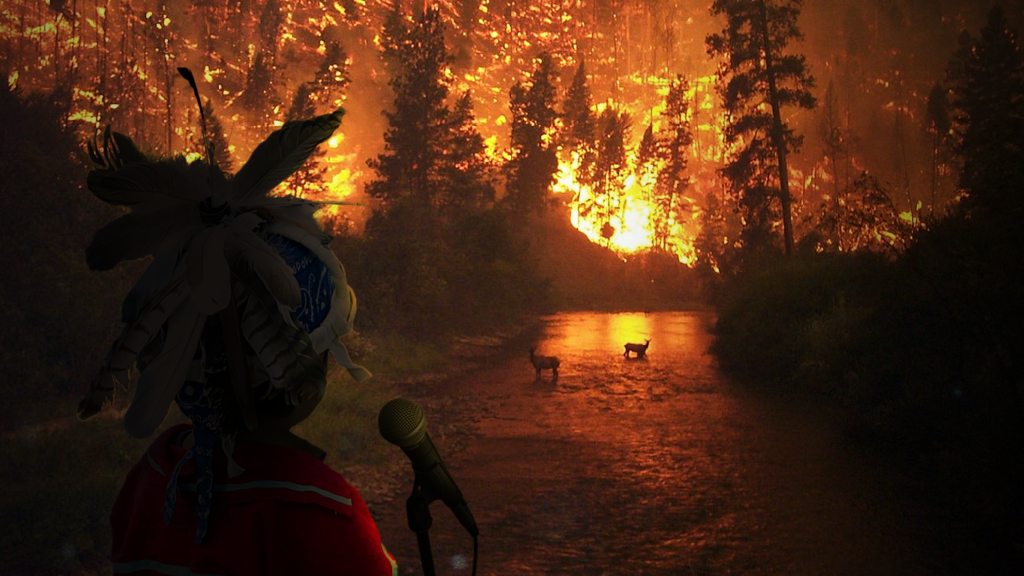 An illustration of an Indigenous person standing next to a microphone while looking out to a forest with trees on fire and animals in the water.