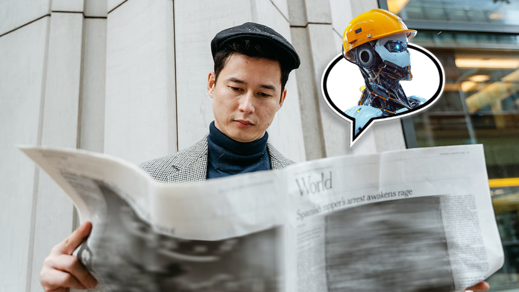 A man wearing a flat cap reading a newspaper in front of a white building. Sticking out of the newspaper is an illustration of a speech bubble with a robot inside of it.