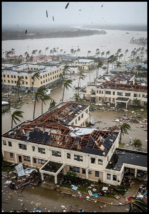 A series of damaged, broken down houses next to palm trees blowing in the wind.