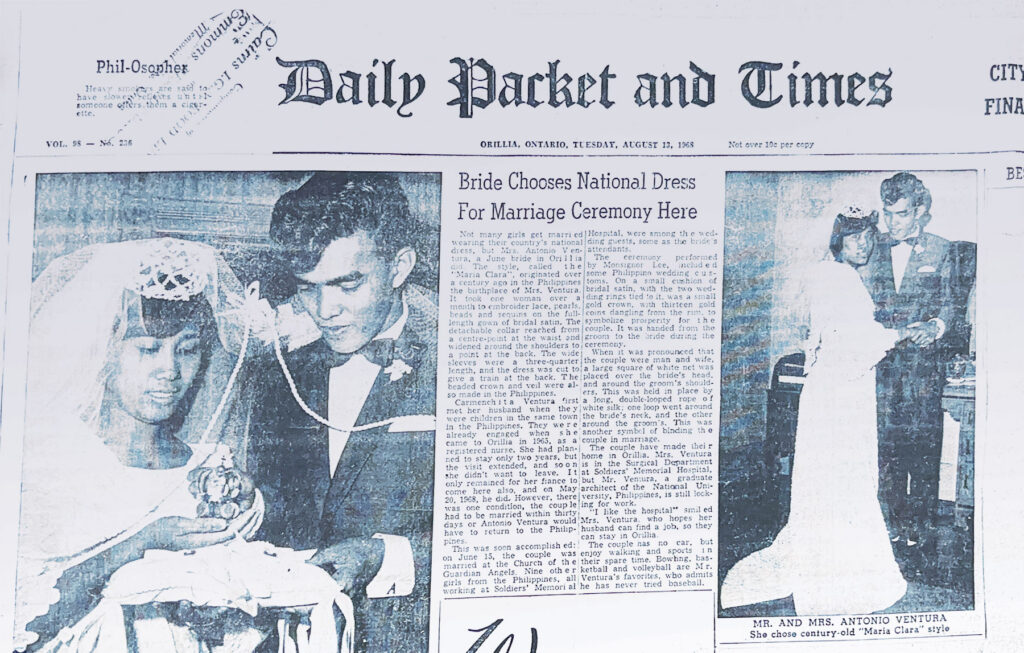 A grainy newspaper page from the 'Daily Packet and Times', Orillia, Ontario, Tuesday, August 13, 1968. It prominently features two black and white wedding photos. The larger image on the left shows a Filipino bride in a 'Maria Clara' style gown, veil, and tiara, alongside her groom in a suit, performing a ceremonial act involving a cord, crown, and cushion. The smaller image on the right shows the full-length view of the couple standing together. The accompanying article details the wedding of Mr. and Mrs. Antonio Ventura, noting the bride's choice of a century-old Philippine national dress.