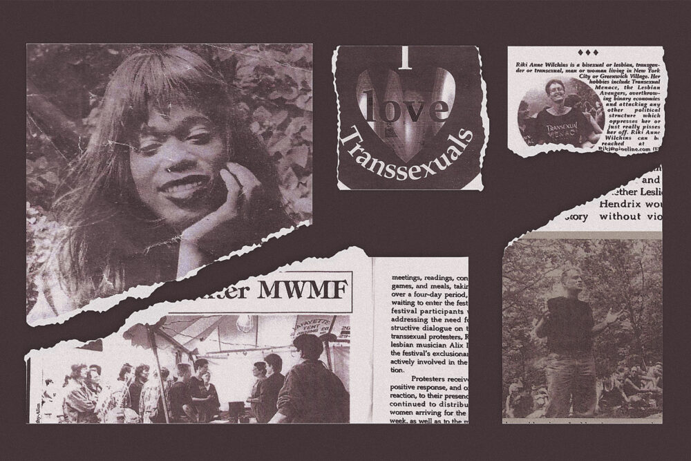 A vintage collage of newspaper clippings featuring a smiling person, an 'I love Transsexuals' graphic, and protest scenes.