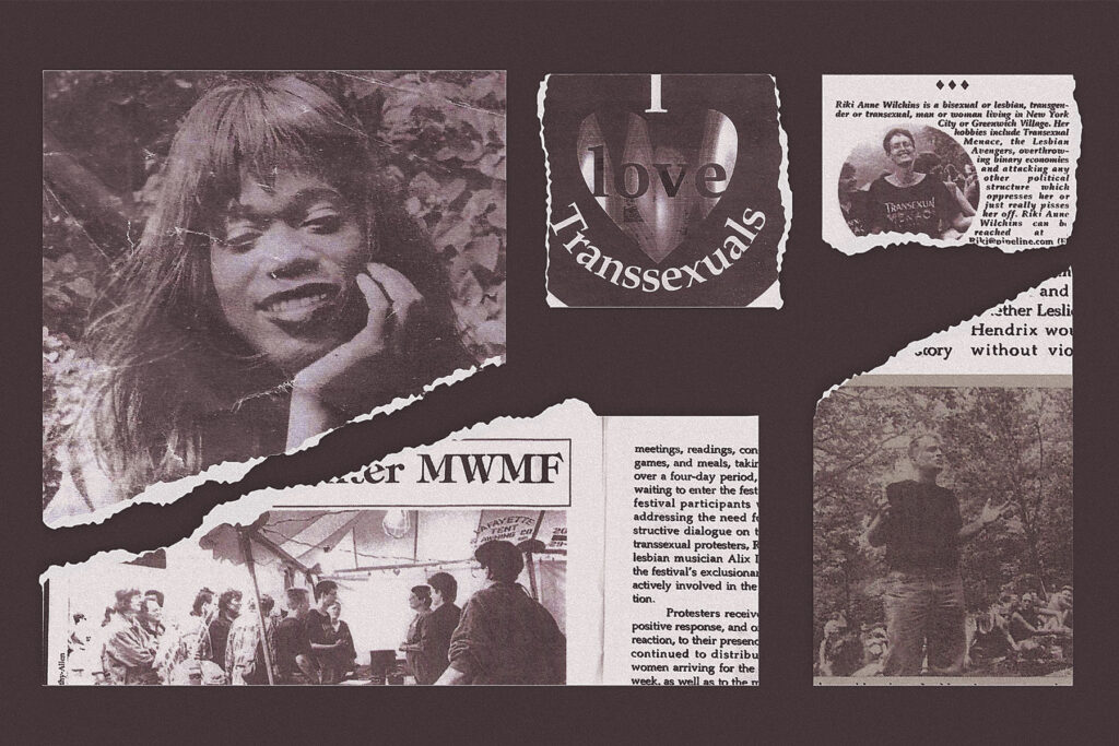 A vintage collage of newspaper clippings featuring a smiling person, an 'I love Transsexuals' graphic, and protest scenes.