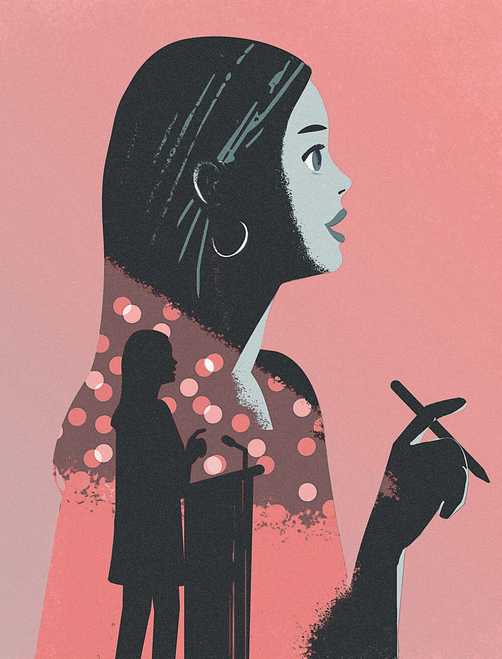 Woman's profile with a speaker at a podium and a hand holding a pen inside.