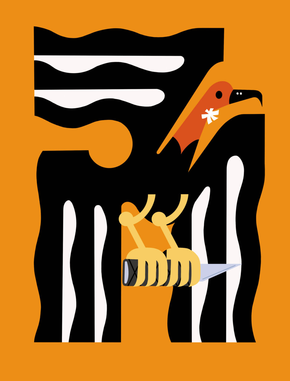 A bold, abstract illustration with a vibrant orange background. A large, irregular black shape with undulating edges fills the center, patterned with multiple horizontal wavy white stripes. An orange bird's head in profile with a black beak, a black dot for an eye, and a small white asterisk is visible in the upper right. Below, a yellow, multi-jointed mechanical arm-like structure holds a yellow object resembling a hilt, from which a sharp, light blue dagger blade protrudes.
