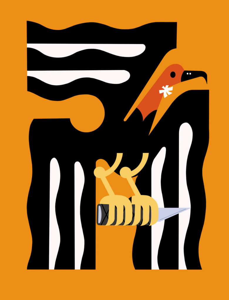 A bold, abstract illustration with a vibrant orange background. A large, irregular black shape with undulating edges fills the center, patterned with multiple horizontal wavy white stripes. An orange bird's head in profile with a black beak, a black dot for an eye, and a small white asterisk is visible in the upper right. Below, a yellow, multi-jointed mechanical arm-like structure holds a yellow object resembling a hilt, from which a sharp, light blue dagger blade protrudes.