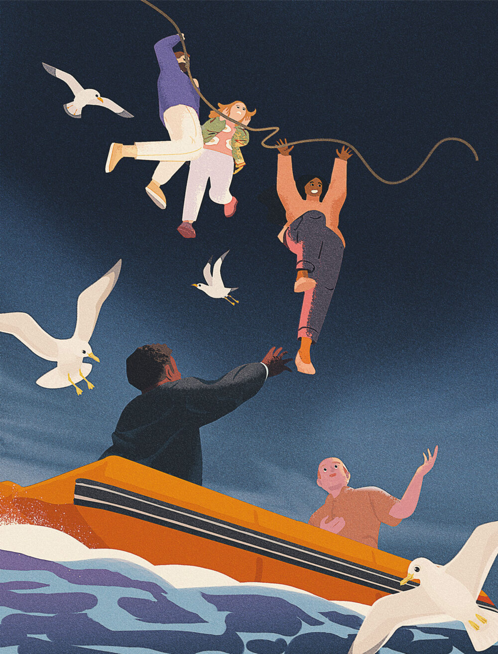 An illustration of people in a boat reaching up to help three others dangling from a rope in the dark sky, surrounded by seagulls.
