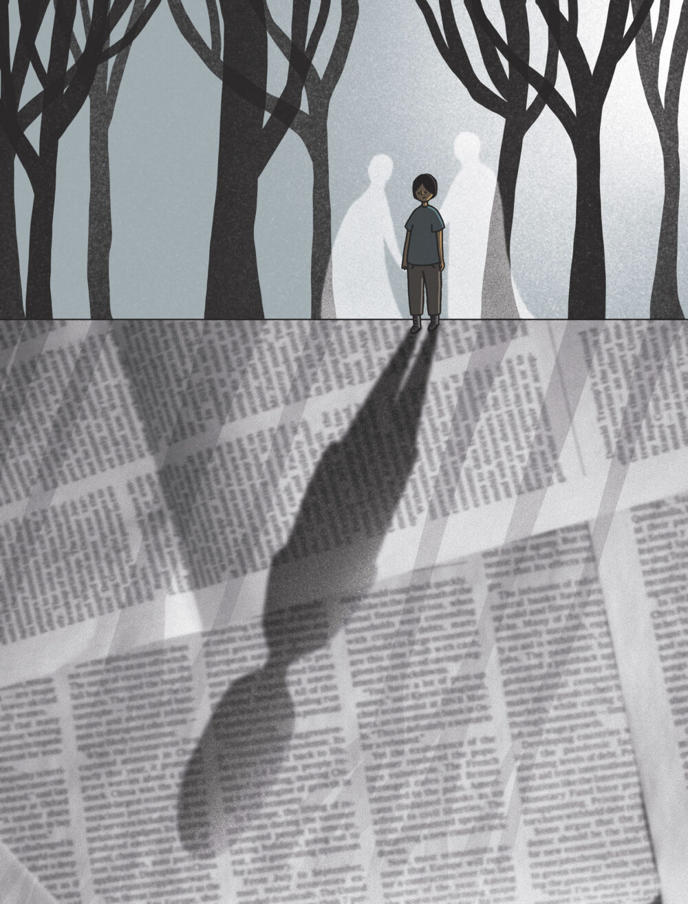 Illustration of a child on a newspaper-covered ground, casting a double shadow, with ghostly adult figures and bare trees above.