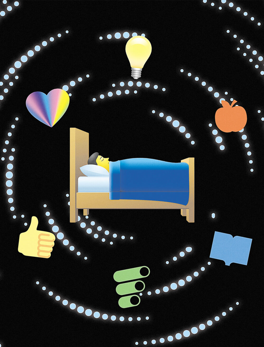 Illustration of a person sleeping in bed, encircled by symbols of well-being like a lightbulb, apple, book, thumbs-up, and heart.